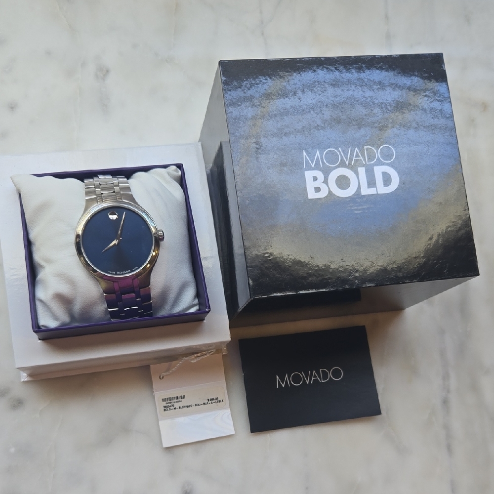 Movado BOLD Blue Dial Stainless Steel Watch w/ Box & Papers Minimalist Luxury